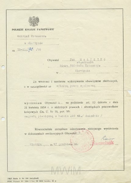 KKE 5620.jpg - Dok. Premia finansowa z okazji Dnia Kolejarza wystawiona przez Polskie Koleje Państwowe w Olsztynie dla Jana Małyszko, Olsztyn, 17 XII 1960 r.